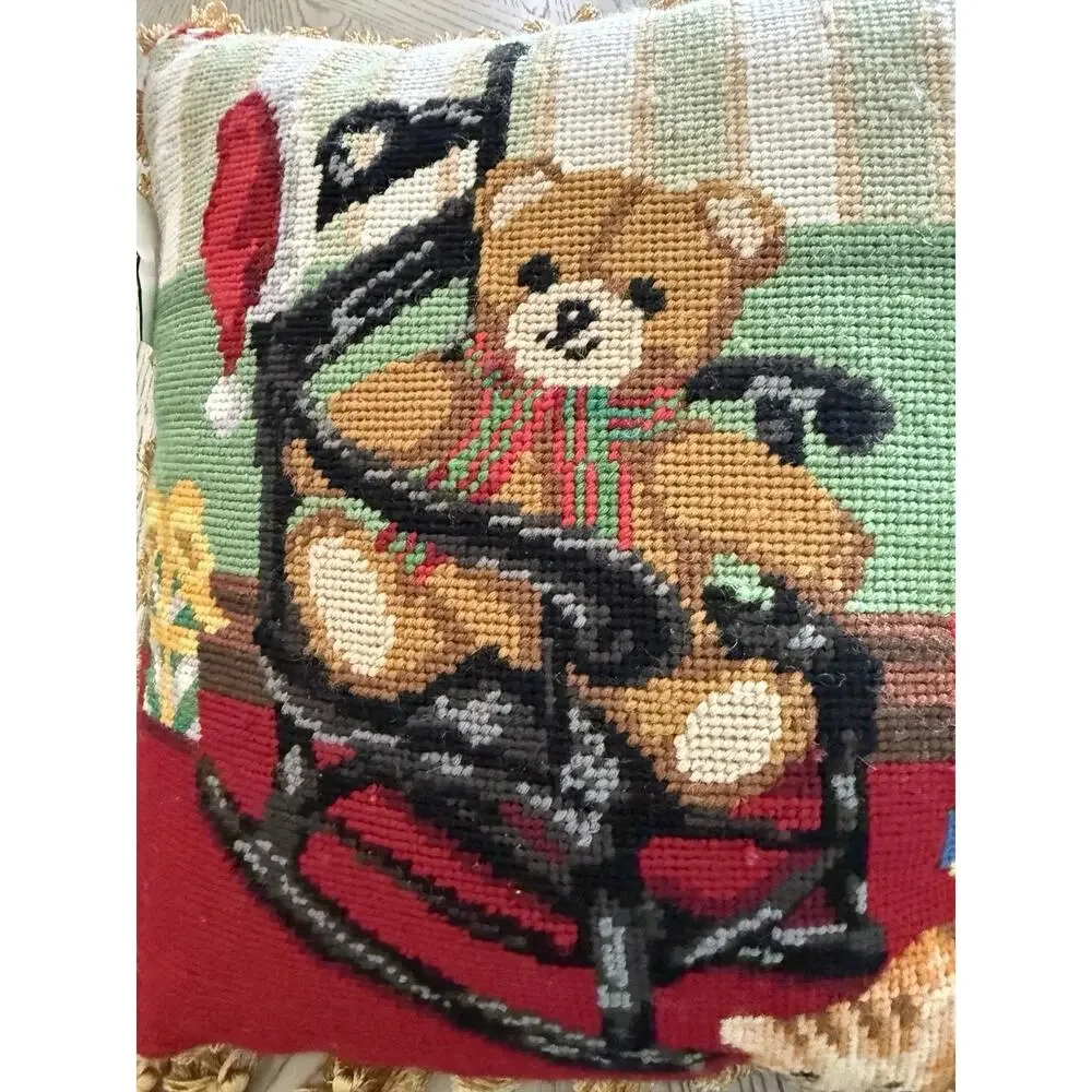 Vintage Wool Needlepoint Red Velvet Pillow Christmas Teddy Bear 13